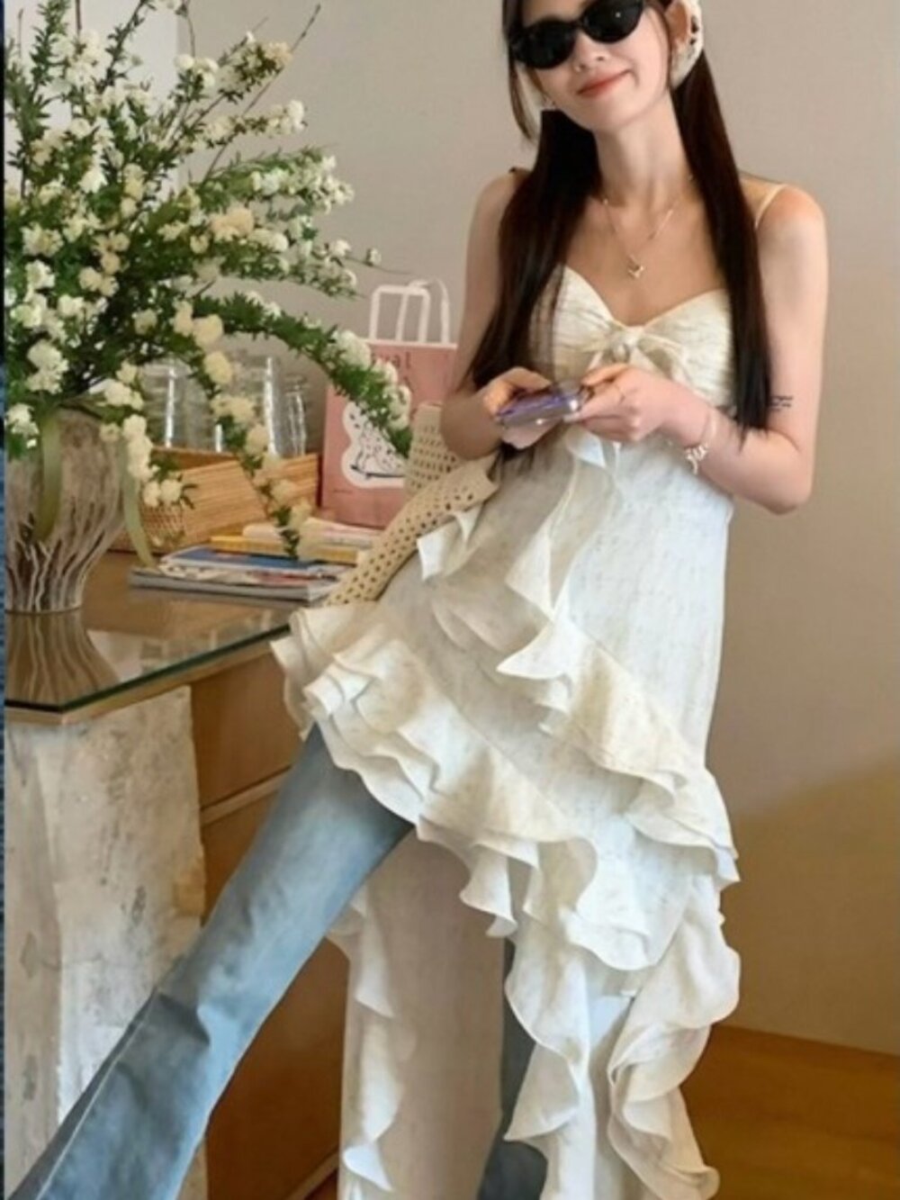 White Ruffled High-Low Dress - Size S, Brand New